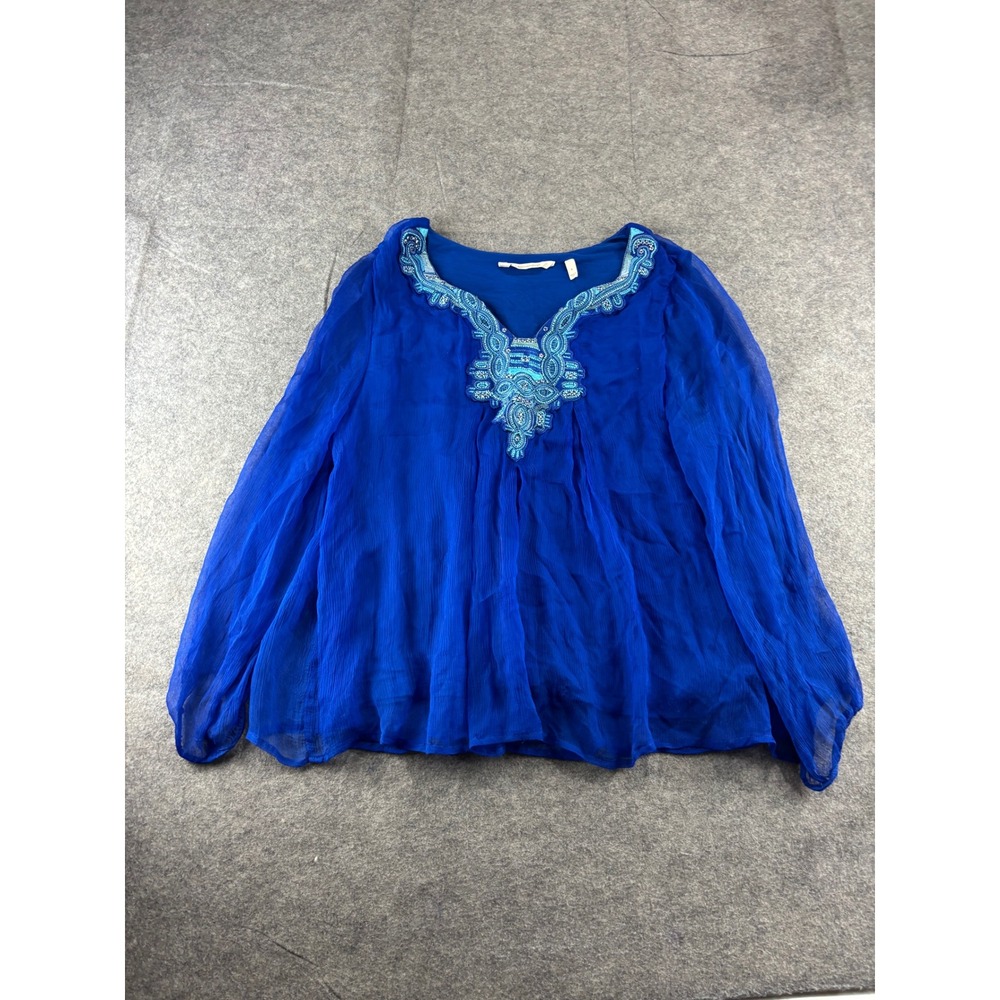Soft Surroundings Royal Blue Beaded Embroidered Crinkle Blouse Womens S Boho Top